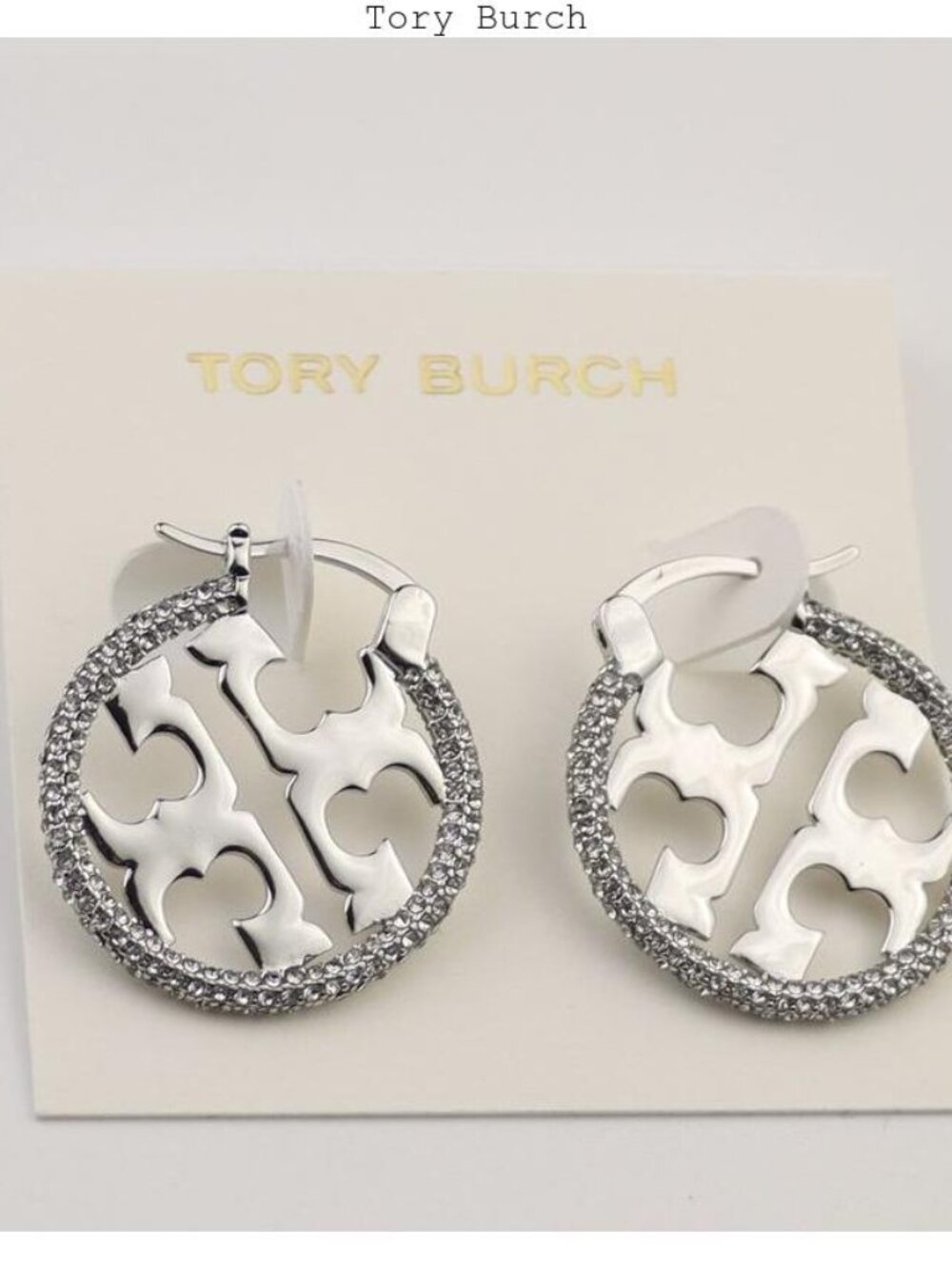 Tory Burch Silver Crystal-Trim Logo Hoop Earrings